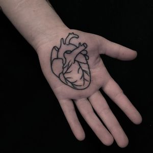 Tattoo by Patrick Macdonald #PatrickMacdonald #pmacdonaldtattoo #palmtattoos #blackwork #linework #palm #illustrative #minimal #heart #anatomicalheart