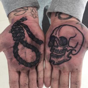 Tattoo by Luke A Ashley #lukeaashley #palmtattoos #blackwork #linework #palm #illustrative #skull #death #skeleton #bone #noose #hangman