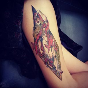 Tattoo by Onnie O'Leary #OnnieOLeary #newschool #color #illustrative #comicbook #scifi #surrealistic #strange #graphic #popart #fairytale #folklore #littleredridinghood #babe #lady #pinup #flowers #floral #hatchet