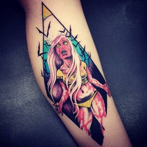 Tattoo by Onnie O'Leary #OnnieOLeary #newschool #color #illustrative #comicbook #scifi #surreal #strange #graphic #popart #vamppire #bats #blood #babe #pinup #lady #horror #darkart