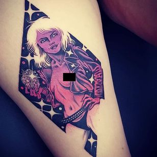 Tattoo by Onnie O'Leary #OnnieOLeary #newschool #color #illustrative #comicbook #scifi #surrealistic #strange #graphic #popart #Blondie #babe #lady #portrait #musictattoo #heartofglass # Sparks #stars #music #singer