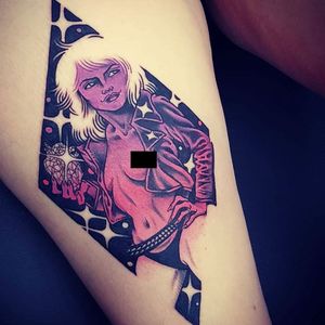 Tattoo by Onnie O'Leary #OnnieOLeary #newschool #color #illustrative #comicbook #scifi #surreal #strange #graphic #popart #Blondie #babe #lady #portrait #musictattoo #heartofglass #sparkles #stars #music #singer