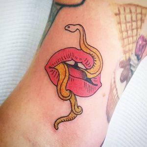 Tattoo by Onnie O'Leary #OnnieOLeary #newschool #color #illustrative #comicbook #scifi #surreal #strange #graphic #popart #lips #snake #reptile #kiss