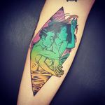 Tattoo by Onnie O'Leary #OnnieOLeary #newschool #color #illustrative #comicbook #scifi #surreal #strange #graphic #popart #coupletattoo #cuddle #love
