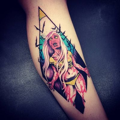 Tattoo by Onnie O'Leary #OnnieOLeary #newschool #color #illustrative #comicbook #scifi #surreal #strange #graphic #popart #vamppire #bats #blood #babe #pinup #lady #horror #darkart