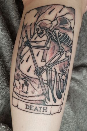 "Oh Death..." inspired by Tattoodo, tattooed by Zac Morris at Skinzophrenic, Hereford ☠☠#blackworktattoo #Black #blackwork #death #skeleton #tarotcard 