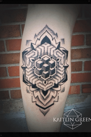 A calf tattoo for my good friend ~~~~.                              Cubes, tesselations, black and grey, dotwork, geometric pattern