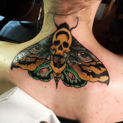 Cover up moth on the back of the neck! #mothtattoo #neotraditional #vault13tattoo