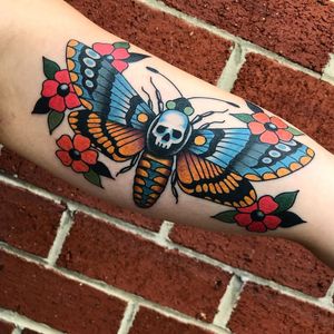 Tattoo by Gary Gerhardt #GaryGerhardt #deathmothtattoos #color #traditional #moth #death #skull #wings #insect #animal #flowers #floral