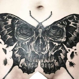 Tattoo by Lexyhavemind #lexyhavemind #deathmothtattoos #blackwork #listen #dotwork #linework #insect #skull #death #moth #wings #splatters #animal