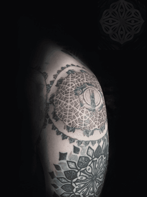 Fresh Single needle dotwork pattern work, added to clients current tattoo which is by another artist