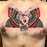 Tattoo by Gianni Gigliotti #GianniGigliotti #deathmothtattoos #deathmoth #chesttattoo #color #traditional #moth #butterfly #skull #death #insect #animals #wings