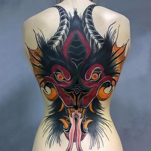 Tattoo by Evgenia Sin #EvgeniaSin #satanictattoo #satan #devil #hell #hades #demon #evil #darkart #color #newtraditional #dragon #mythicalcreature #backpiece #backtattoo #horns