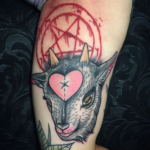 Tattoo by Ronja Block #RonjaBlock #satanictattoo #satan #devil #hell #hades #demon #evil #darkart #sabaticgoat #goat #baphomet #heart #pentagram #cute #animal #blood