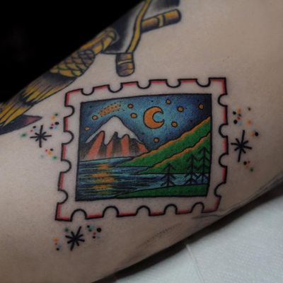 Tattoo by Dasha Terekhova #DashaTerekhova #landscapetattoos #stamp #landscape #mountains #forest #trees #moon #stars #river #lake #nightsky #sky