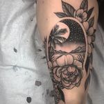 Tattoo by Kyle Stacher aka thiefhands #KyleStacher #thiefhands #landscapetattoos #linework #blackandgrey #landscape #river #lake #beach #palmtrees #flowers #peony #stars #mountains #moon