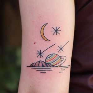Tattoo by Patryk Hilton #PatrykHilton #landscapetattoos #linework #minimal #small #mountains #saturn #stars #shootingstar #moon #color