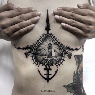 Tattoo by Andrew Davydov aka red cheese #AndrewDavydov #redcheese #landscapetattoos #blackandgrey #illustrative #lighthouse #brids #ocean #heart #banner #anchor