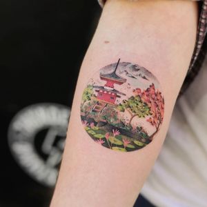 Tattoo by Ciotka_zu #ciotka_zu #landscapetattoos #color #watercolor #painting #lotus #flowers #floral #trees #pagoda #building #Chinese #lilypad