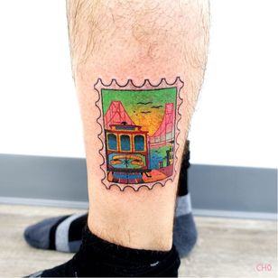 Tattoo by Cho #Cho #Chotattooer #landscapetattoos #color #train #trolley #travel #sanfrancisco #bridge #sky #city #buildings #birds