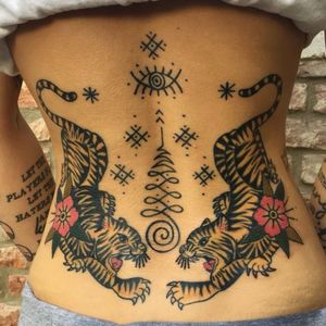 Tattoo by Ronja Block #RonjaBlock #junglecattattoos #tiger #color #linework #unalome #flower #floral #Thai #pattern #thirdeye #eye #cat
