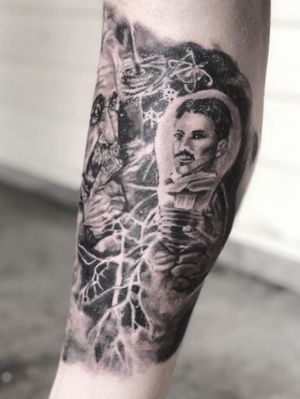 Tattoo uploaded by caleb brouk • Tesla Einstein calf sleeve