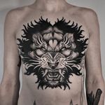 Tattoo by Andrew Davydov #AndrewDavydov #junglecattattoos #blackandgrey #lion #fierce #junglecat #cat #chesttattoo