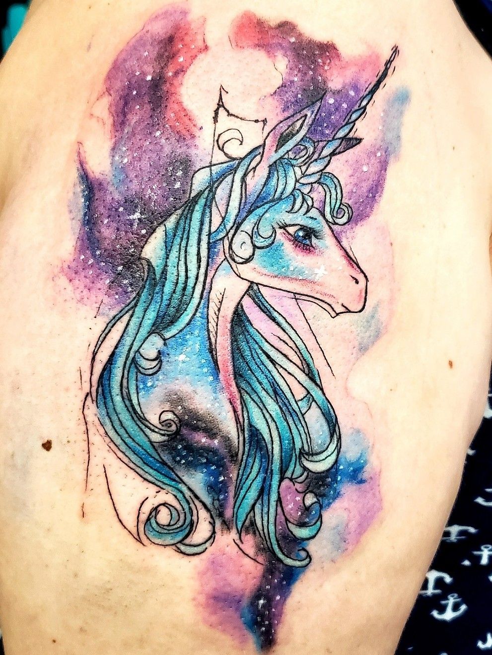 The Last Unicorn calf piece pair done by Mia at Sacred Fire Tattoo in  Bath Maine  rtattoos