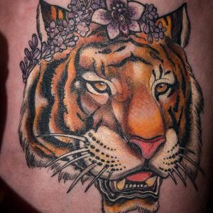 Tattoo by Miss Juliet #MissJuliet #junglecattattoos #color #realism #realistic #tiger #junglecat #cat #kitty #orchid #flowers #floral