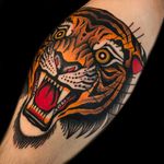 Tattoo by Becca Genne-Bacon #beccagennebacon #junglecattattoos #color #traditional #tiger #cat #roar #junglecat #fangs