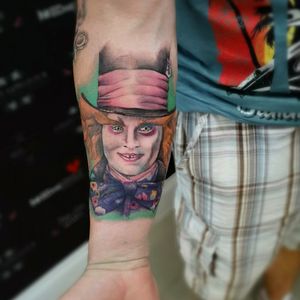 The mad hatter, done over 2 days. My FIRST ever attempt at a colour portrait 👀🤓 #tattoo #tattooapprentice #gettingbetter #alwayslearning #tattoos #tattooist #tattooideas #tattooart #colourtattoo #colourportrait #cooltattoos #colourrealism #realismtattoo #realistictattoo #madhatter #jonnydepp #jonnydepptattoo #aliceinwonderlandtattoo #aliceinwonderland #madhattertattoo #forearmtattoo #disney #disneyclassic #disneytattoo@eikondevice @electrumstencilproducts @barber_dts needles and grips @dipcaps unbelievable 🙌👌@worldfamousink