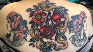 Tattoo by Lynn Akura #LynnAkura #color #neotraditional #illustrative #pomegranate #flowers #floral #snake #reptile #nature #leaves #portraits #ladyheads #grapes #peony #pearls