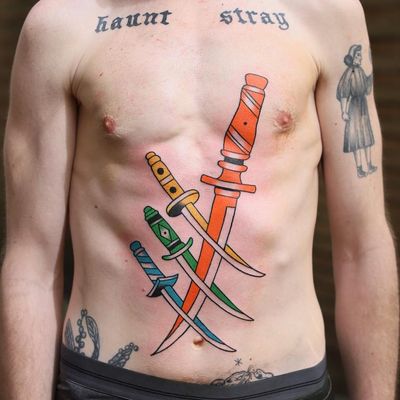 Tattoo by Patryk Hilton #patrykhilton #daggertattoos #color #surreal #dagger #knife #knives #sword #stomachtattoo