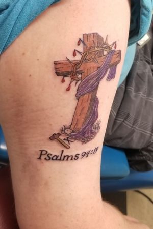 Cross tattoo done 06/20/2018. Done by Sting at Skinsations. 