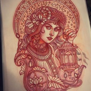 Ilustración de Lynn Akura #LynnAkura #illustration #tattooflash #portrait #lantern #lady #ladyhead #light #flowers #lotus #lilypad #leaves #nature #stars