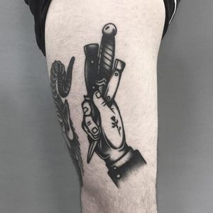 Tattoo by A.Dayneco #Adayneco #daggertattoos #blackwork #traditional #hand #daggers #knives #knife #rose #handtattoo