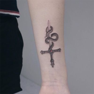 Tattoo by Zipin Black #ZipinBlack #daggertattoos #linework #illustrative #detailed #small #sword #dagger #knife #snake #reptile #jewel #ruby #filigree