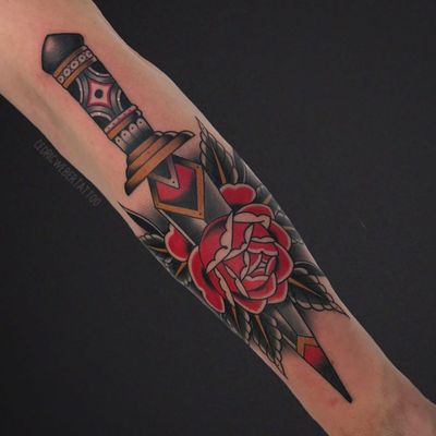 Tattoo by Cedric Weber #CedricWeber #daggertattoos #color #traditional #neotraditional #rose #flower #floral #dagger #knife #pattern
