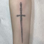 Tattoo by Brian Henry #BrianHenry #bhens #daggertattoos #blackandgrey #whiteink #sword #detailed #small #filigree #dagger #knife