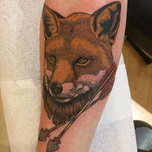Tattoo by Lynn Akura #LynnAkura #color #neotraditional #fox #feathers #arrows #nature #animal #arrowhead