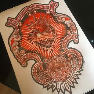 Ilustración de Lynn Akura #LynnAkura #illustration #tattooflash #thirdeye #allseeingeye #pattern #filigree #sacredheart #swords #blood #fire #heart #light #detailed