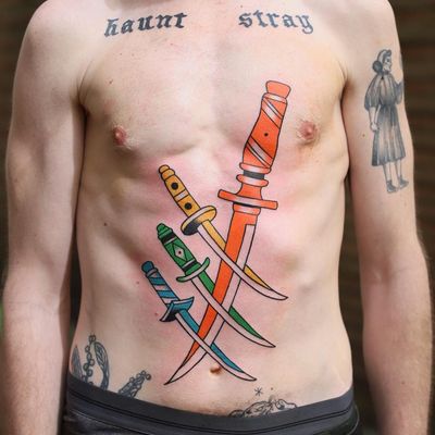 Tattoo by Patryk Hilton #patrykhilton #daggertattoos #color #surreal #dagger #knife #knives #sword #stomachtattoo