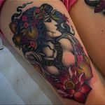 Tattoo by Lynn Akura #LynnAkura #color #neotraditional #portrait #lady #jewelry #lotus #lilypad #flowers #floral #ladyhead #pearls