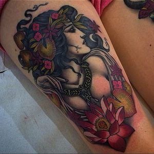 Tattoo by Lynn Akura #LynnAkura #color #neotraditional #portrait #lady #jewelry #lotus #lilypad #flowers #floral #ladyhead #pearls