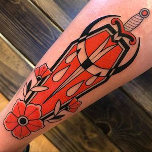 Tattoo by Chase Martines #ChaseMartines #daggertattoos #color #redink #blackfill #dagger #sword #knife #blood #flowers #floral #coffin #death
