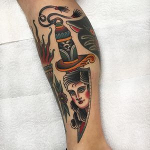 Tattoo by Marina Goncharova #marinagoncharova #daggertattoos #color #traditional #sword #dagger #pattern #lady #ladyhead