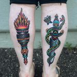 Tattoo by Anthony Mealie #AnthonyMealie #daggertattoos #color #traditional #neotraditional #torch #pattern #dagger #snake #reptile #animal #butterfly