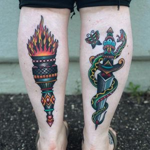 Tattoo by Anthony Mealie #AnthonyMealie #daggertattoos #color #traditional #neotraditional #torch #pattern #dagger #snake #reptile #animal #butterfly