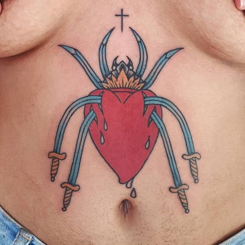 Tattoo by Bouits #Bouits #besttattoos #color #traditional #sacredheart #heart #fire #spider #swords #blood #tears