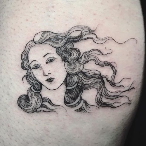 Tattoo by Lillesnegl #lillesnegl #besttattoos #linework #illustrative #fineline #portrait #lady #ladyhead #birthofvenus #venus #beauty #botticelli